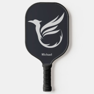 Minimalist White Hawk on Black Modern Monogram Pickleball Paddle
