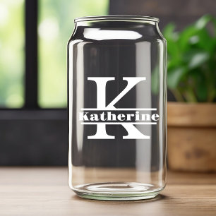 Minimalist White Letter K Monogram and Custom Name Can Glass