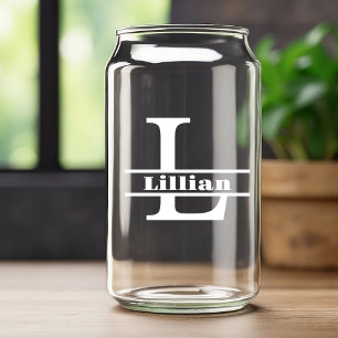 Minimalist White Letter L Monogram and Custom Name Can Glass