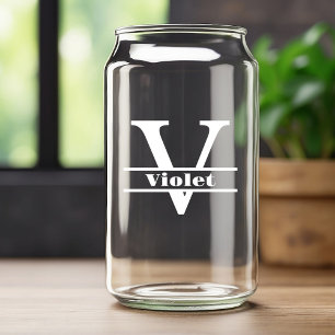 Minimalist White Letter V Monogram and Custom Name Can Glass
