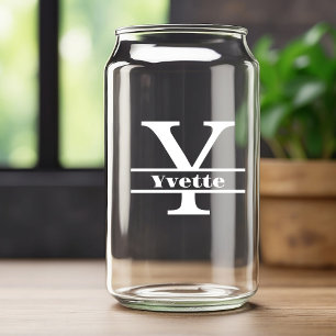 Minimalist White Letter Y Monogram and Custom Name Can Glass