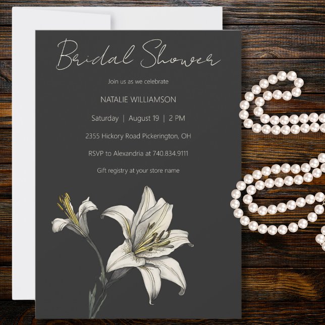 Minimalist White Lily on Black Bridal Shower Invitation (Creator Uploaded)