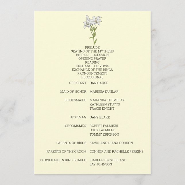 Minimalist White Lily Wedding Program (Front)