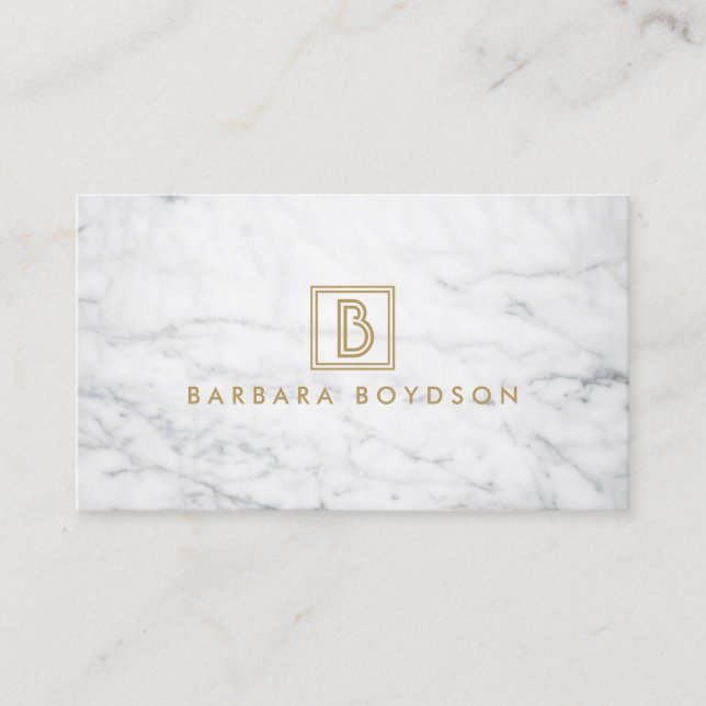 Minimalist White Marble Gold Box Monogram Business Card (Front)
