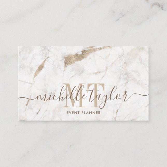 Minimalist white marble  gold monogram business card (Front)
