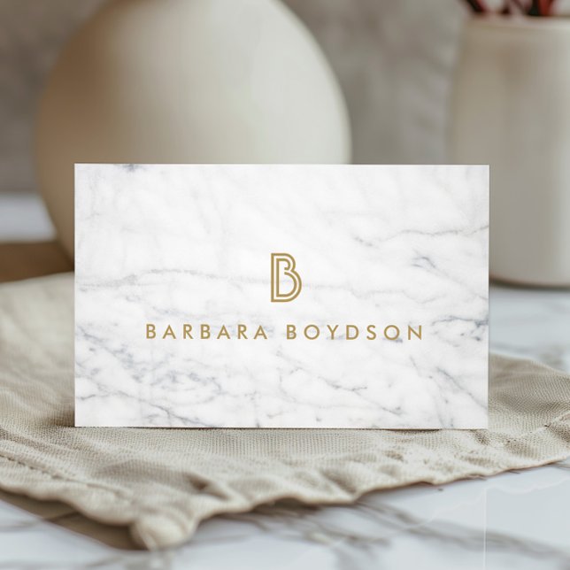 Minimalist White Marble Gold Monogram Business Card (Creator Uploaded)