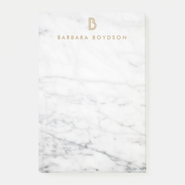 Minimalist White Marble Gold Monogram Post-it Notes (Front)