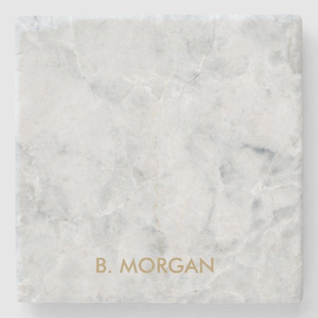 Minimalist White Marble Gold Monogram Stone Coaster (Front)