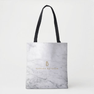 Minimalist White Marble Gold Monogram Tote Bag