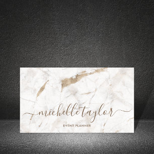 Minimalist white marble gold signature script business card