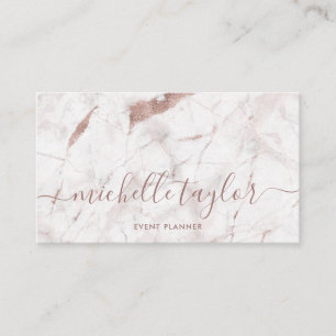Minimalist white marble rose gold signature script business card