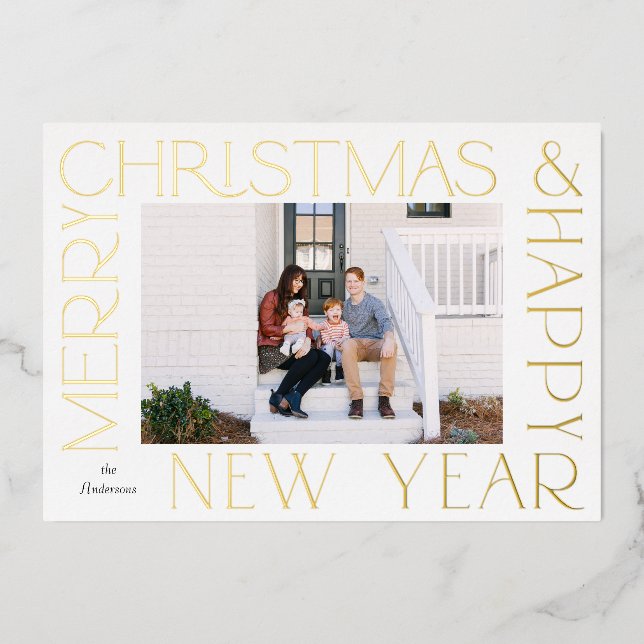 Minimalist White Merry Christmas New Year Photo  Foil Holiday Card (Front)