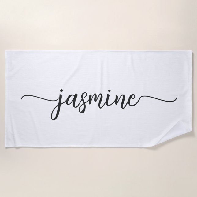 Minimalist White Monogram Name Huge Script Beach Towel (Front)
