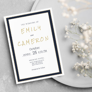 Minimalist white navy blue gold geometric Wedding Invitation