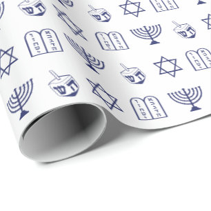 Minimalist white navy blue Jewish icons Hanukkah  Wrapping Paper