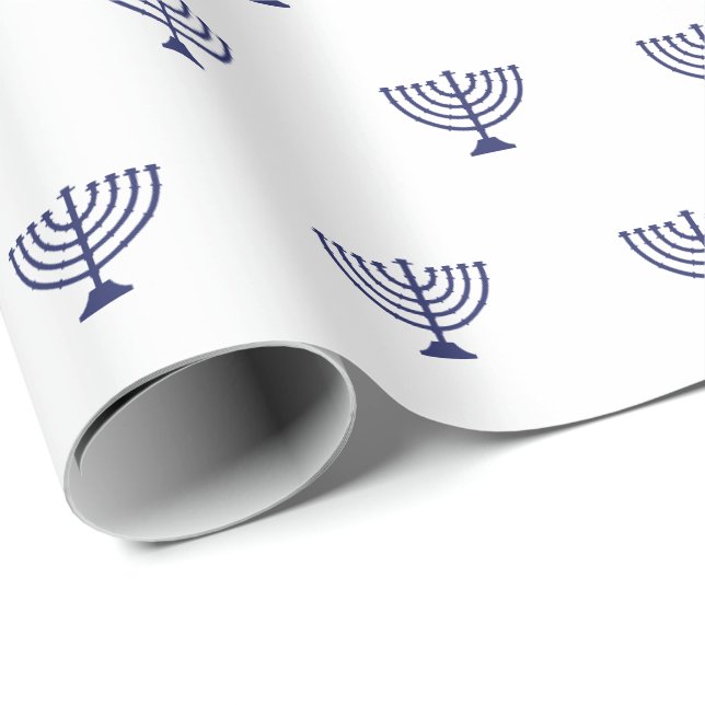 Minimalist white navy blue Jewish menorah pattern Wrapping Paper (Roll Corner)