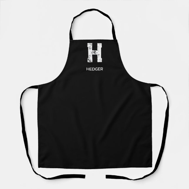 MINIMALIST WHITE ONE LETTER MONOGRAM NAME BLACK APRON (Front)