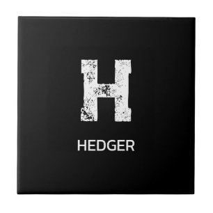 MINIMALIST WHITE ONE LETTER MONOGRAM NAME BLACK CERAMIC TILE