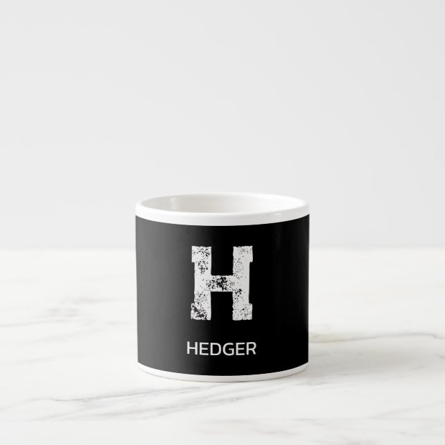 MINIMALIST WHITE ONE LETTER MONOGRAM NAME BLACK ESPRESSO CUP (Front)