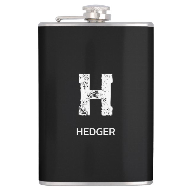 MINIMALIST WHITE ONE LETTER MONOGRAM NAME BLACK HIP FLASK (Front)