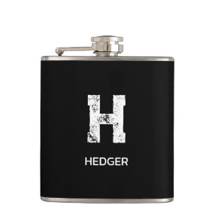 MINIMALIST WHITE ONE LETTER MONOGRAM NAME BLACK HIP FLASK