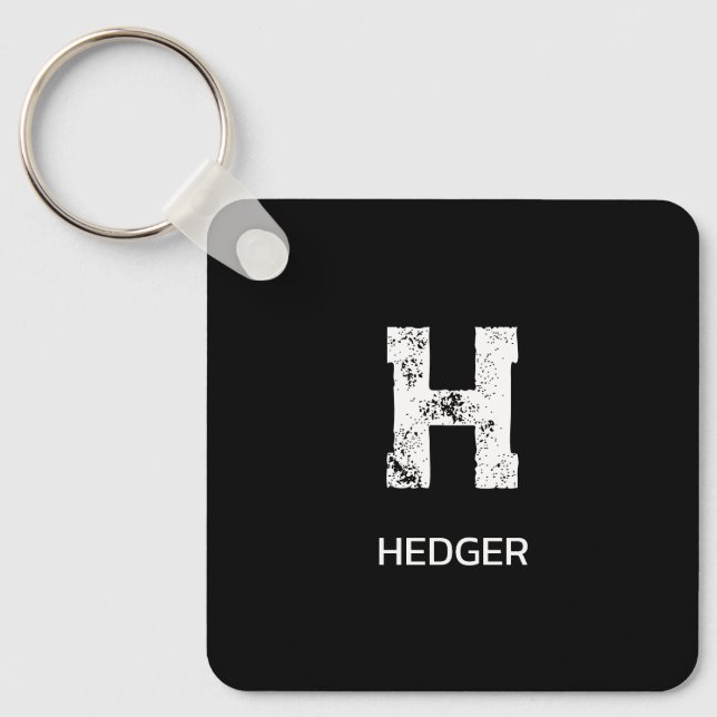 MINIMALIST WHITE ONE LETTER MONOGRAM NAME BLACK  KEY RING (Front)