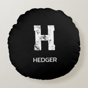 MINIMALIST WHITE ONE LETTER MONOGRAM NAME BLACK  ROUND CUSHION