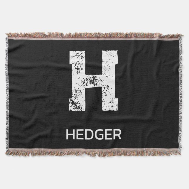 MINIMALIST WHITE ONE LETTER MONOGRAM NAME BLACK THROW BLANKET (Front)