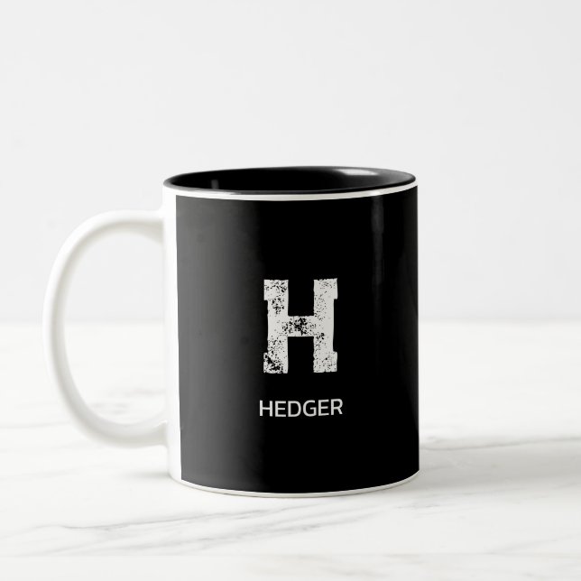 MINIMALIST WHITE ONE LETTER MONOGRAM NAME BLACK Two-Tone COFFEE MUG (Left)