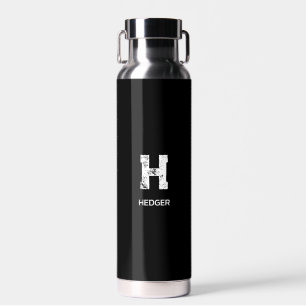 MINIMALIST WHITE ONE LETTER MONOGRAM NAME BLACK WATER BOTTLE
