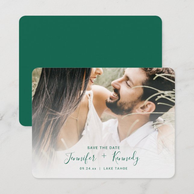 Minimalist White Overlay Emerald Script & Photo Save The Date (Front/Back)