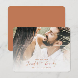 Minimalist White Overlay Terracotta Text & Photo Save The Date