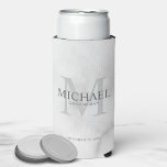 Minimalist White Personalised Groomsmen Can Cooler<br><div class="desc">Add a personal touch to your wedding with personalised groomsmen can cooler. This can cooler features personalised groomsman's name with title and wedding date in grey and monogram in light Nureyev as background, in classic serif font style, on white marble background. Also perfect for best man, father of the bride,...</div>