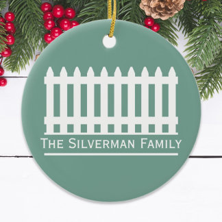 Minimalist White Picket Fence on Green Personalise Ceramic Ornament