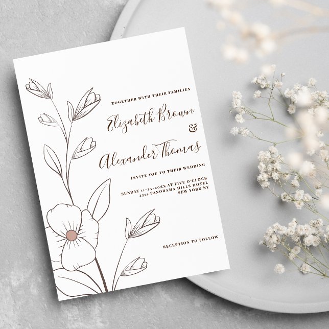Minimalist white pink brown flowers sketch wedding invitation (Minimalist white pink brown flowers sketch wedding invitation)