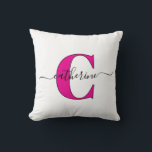 Minimalist White Pink Monogram Name Stylish Script Cushion<br><div class="desc">This minimalist monogram throw pillow will brighten up the decor of any room. The stylish black script of the first name and the elegant, bold pink, capital letter initial against the white throw pillow has a clean upscale aesthetic. It will elevate the look of a room on a sofa, chaise,...</div>