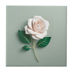 Minimalist White Rose On Green Ceramic Tile