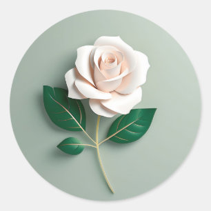 Minimalist White Rose On Green Classic Round Sticker