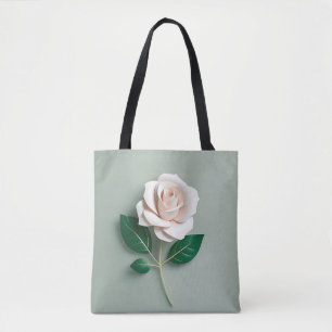 Minimalist White Rose On Green Tote Bag