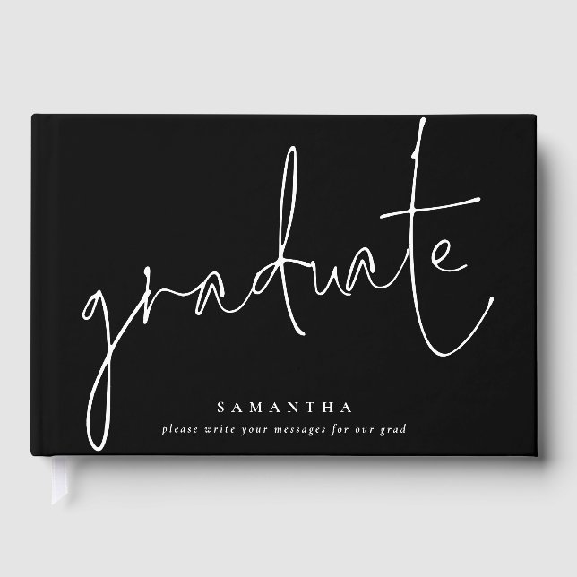 Minimalist White Script Graduate Graduation Black Guest Book (Front)