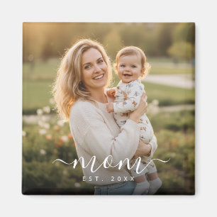 Minimalist White Script Mum Est Year Magnet