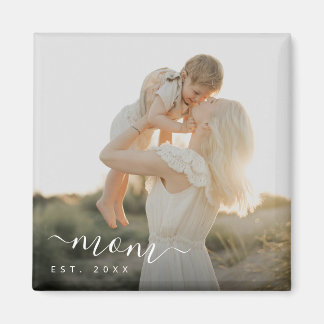 Minimalist White Script Mum Est Year Magnet