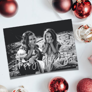 Minimalist White Script Typography Overlay Photo  Holiday Card