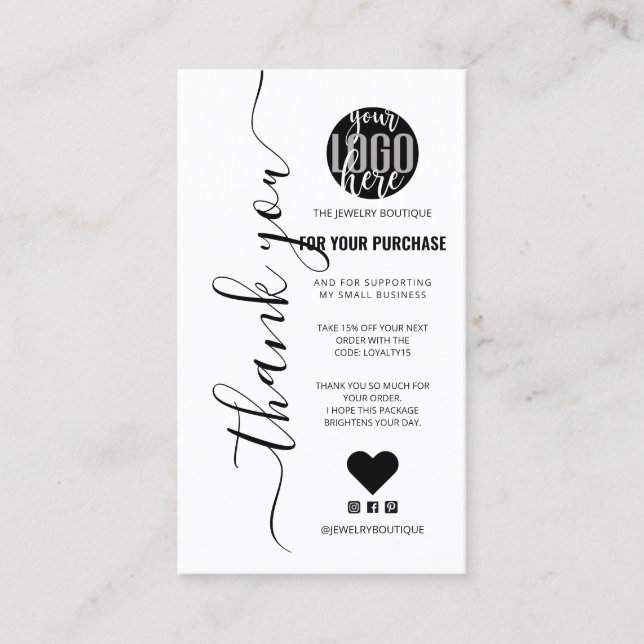 Minimalist White Signature Script Order Thank You Business Card (Front)