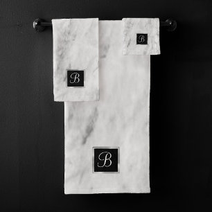 Minimalist White Silver and Grey Textured Marble Bath Towel Set