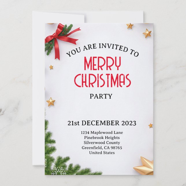 Minimalist white themed Christmas with stars Invitation (Front)