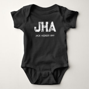 MINIMALIST WHITE THREE LETTER MONOGRAM NAME BLACK BABY BODYSUIT