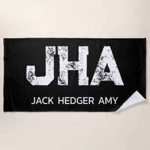 MINIMALIST WHITE THREE LETTER MONOGRAM NAME BLACK BEACH TOWEL