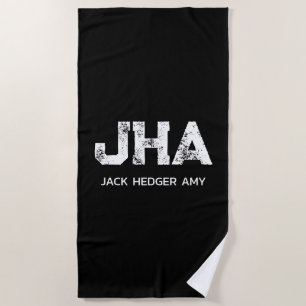 MINIMALIST WHITE THREE LETTER MONOGRAM NAME BLACK BEACH TOWEL