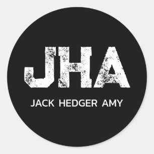 MINIMALIST WHITE THREE LETTER MONOGRAM NAME BLACK CLASSIC ROUND STICKER